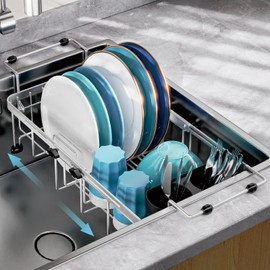 GSlife Small Sink Dish Drying Rack - Expandable Stainless Steel Compact Dish Drainer for RV, Camper, Kitchen, Dish Strainer with Locking Knob, Arms with Non Slip Rubber, 9" W x 11.9"-16.7", Silver