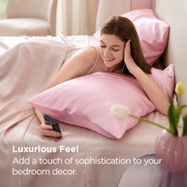 Bedsure Satin Pillowcase for Hair and Skin Queen, Similar to Silk Pillow Cases, Pillow Cases Set of 2 with Envelope Closure, Pink Christmas Room Decor Essentials, 20x30 Inches, 2pcs