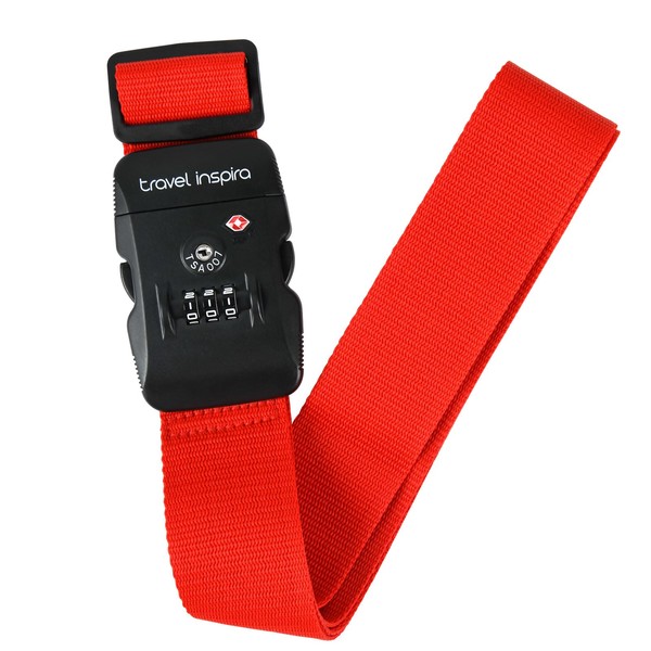 Travel Inspira Luggage Strap with TSA Combination Lock - Adjustable, Easy to Use, Protect Your Luggage, Red
