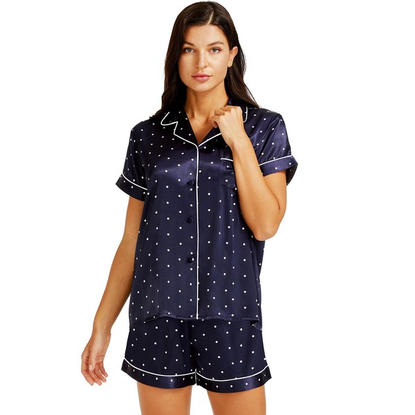 Lonxu - Conjunto de pijama de satén de seda para mujer, conjunto de pijama de dos piezas con botones, ropa de dormir XS ~ 3XL, Azul marino lunares, XS