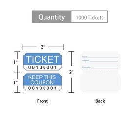 Essential 1000 Blue Double RaffleTickets Roll, Raffle Tickets Printable for Leisure, Movie Watching, Entertainment