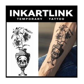 INKARTLINK 2 Sheets Medium Semi Permanent Tattoos, Temporary Tattoos, Adult Art Designs, Waterproof, Realistic, No Adhesive, Non-Reflective, Lasts 1-2 Weeks,(Mortem and Bloom)