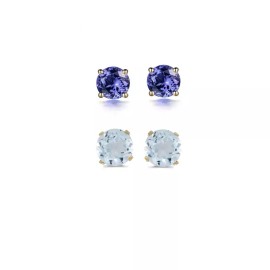 Paris Jewelry 14k Yellow Gold Plated 4Ct Created Tanzanite And Aquamarine CZ 2 Pair Earrings