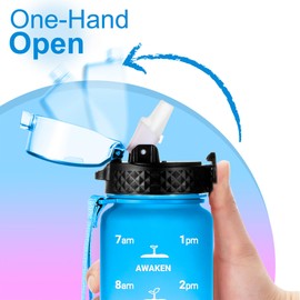 GOPPUS Drinking Bottle, 1 Litre BPA-Free Tritan Water Bottle with Straw, Sports Water Bottle, Leak-Proof with Time Marking and Brush, Sports Bottle for Fitness, School, Yoga, Outdoor (1 Bottle)