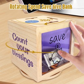 Mczxon Rotatable Give Save Spend Money Saving Box for Kids, Wooden Money Coin Saving Piggy Bank Jar Box for Kid Safe Money Saver Teach Children About Giving Saving Giving Money Piggy Box for Boy Girl
