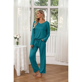 Ekouaer Womens 2 Pack Pajama Set Long Sleeve Pajamas Top and Pants V Neck Pjs Set Soft Loungewear with Pockets Dark Gray, Green