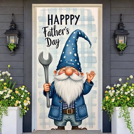 Happy Fathers Day Door Cover Decoration Gnome Front Door Banner Handyman Wrench Design Blue Plaid Backdrop Outdoor Porch Hanging Poster 70.8 x 35.4 Large Fabric Sign for Dad Grandpa Home Party Decor