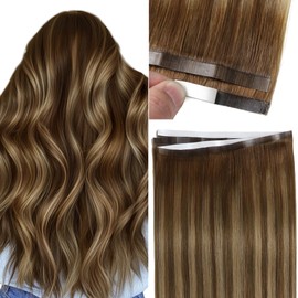 Anrosa One Piece Seamless Tape in Hair Extensions Human Hair 20 Inch Wide Long Tape Weft Hair Extensions Chocolate Brown with Caramel Blonde Color