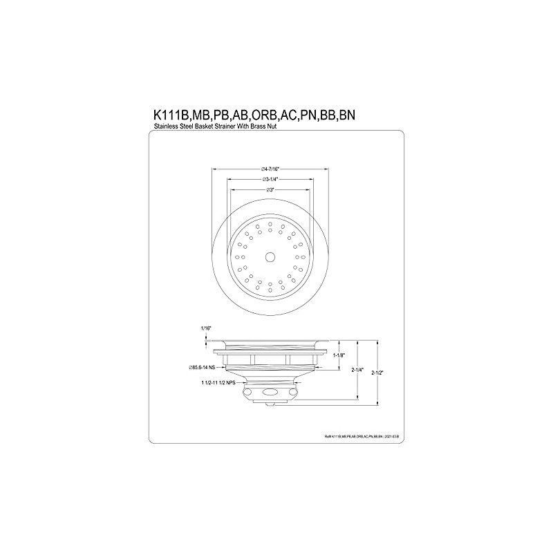 Kingston Brass K111BBB Tacoma Stainless Steel Kitchen Sink Basket Strainer,