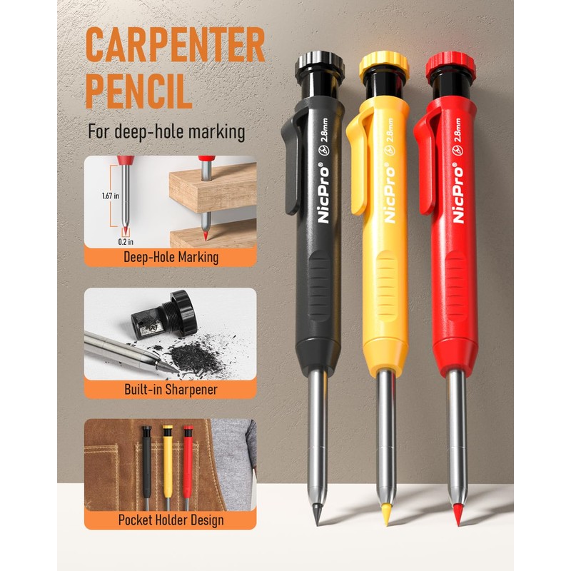 Nicpro 28 Pack Carpenter Pencil Set with Sharpener, Mechanical Carpenter