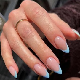 French Tip False Nails Medium Oval - 24PCS Baby Blue-edge Nude Based Almond Press on Nails - Light Blue Almond Short Fake Nails with Glue - Glossy Full Cover Reusable Stick on Nail for Women Nail Art