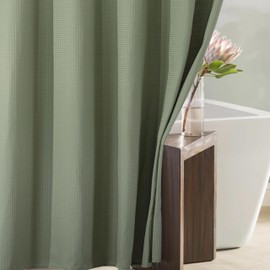 Popkozzi Sage Green Extra Long Shower Curtain: 84 Inch Long Waffle Weave Heavy Duty Fabric Shower Curtains for Bathroom - 256 GSM Water Repellent Washable Thick Polyester Cloth Bath Curtain - 72x84