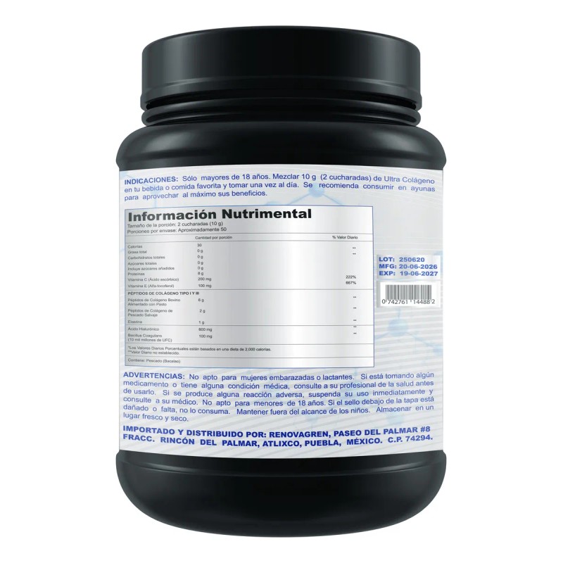 Ultra Colàgeno Renovagren C, E Hialurònico Probiòticos 500g Sabor Sin
