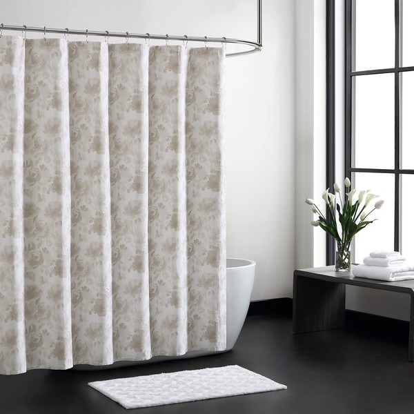 Vera Wang - Fabric Shower Curtain, Cotton Bathroom Decor with Hook Holes Top (Watercolor Floral Beige, 72" x 72")