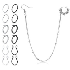 LAURITAMI 13pcs Fake Septum Nose Ring with Chain Nose to Ear Chain Dangle Non Pierced Faux Tragus Cartilage Helix Earrings Hoop