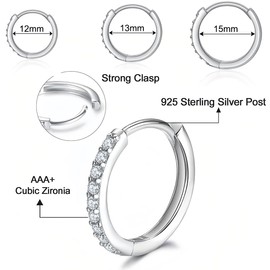 ZKGYUS 3 Pairs of Silver Hoop Earrings for Women, 925 Sterling Silver with Cubic Zirconia, Yellow Gold/White Gold/Rose Gold/Gold-Plated Gun Black Sleeper Cartilage Hoop Earrings (8/10/12 mm)