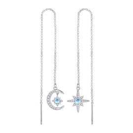 Threader Earrings for Women Girls 925 Sterling Silver Moonstone Moon Star Earrings Tassel Threader Chain Earrings for Girls