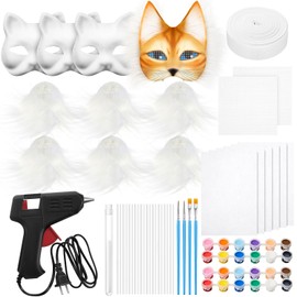 Seenelling 33 Pcs Therian DIY Mask Kit for Beginners Including Blank Cat Mask Faux Fur Fabric Felt Fabric Plastic Mesh Sheet(White)