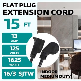 GREATIDE Cable de extensión de enchufe plano de 15 pies, 16 AWG, 3 clavijas, cable de extensión de perfil bajo negro para interiores y exteriores, listado UL