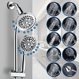High Pressure Handheld/Rain 82-mode 3-way Shower Head Combo with 25.75" Adjustable Drill-free Stainless Steel Slide Bar, Pet & Tub Power Wash and Anti-clog Nozzles, with 5ft Hose - Polished Chrome