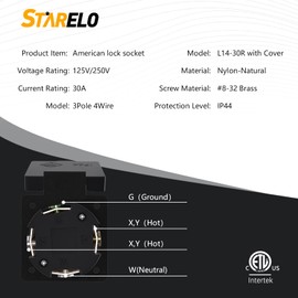 STARELO 30Amp Locking Receptacle for Generator NEMA L14-30R Outlet with Cover,125/250Volt 3 Pole 4Wire,Weatherproof, Dustproof and Radiation Proof Locking Power Outlet for Outdoor Use,ETL Listed.