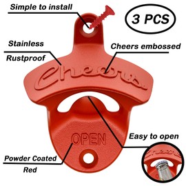 Luwanburg Red Bottle Opener Wall Mounted Cheers Beer Top Opener Post Mounted (Pack of 3)