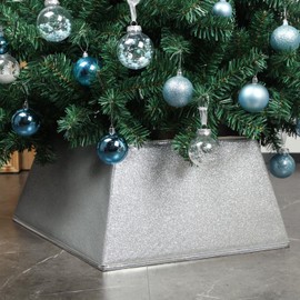 Blissun Fabric Christmas Tree Collar, Square Christmas Tree Ring, Glittering Willow Christmas Tree Skirt for Christmas Tree Decorations (Glitter Silver)