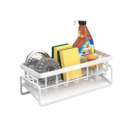 VerdeRoot Sink Caddy, Kitchen Sink Orgainser, Stainless Steel Sink Tidy Sponge Holder With 45-Degree Sloped Drip Tray, Kitchen Sink Caddy Organiser With Removable Dishcloth Hook for Countertop (White)