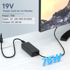 Cargador adaptador de CA CC de 19 V para LG Electronics 19 pulgadas, 20 pulgadas, 22 pulgadas, 23 pulgadas, 24 pulgadas, 27 pulgadas, 32 pulgadas, monitor 24LJ4540 24M47H-P 24MP55HQ; DA-48F19 DA-65G19