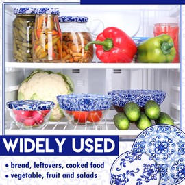 CHENGU 12 Pcs Reusable Bowl Covers Bulk 5 Size Elastic Cloth Fabric Bowl cover for Bread Proof Rising Sourdough Dish Food Stretchy Storage(Blue Ceramic Style,Blue)