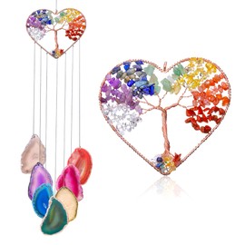 Yoption Heart Wind Chimes with Crystal Tree of Life Agate Slice for Home Wall Decor, 7 Chakra Natural Crystal Windchimes for Home Garden Decorative Ornament, Unique Gift
