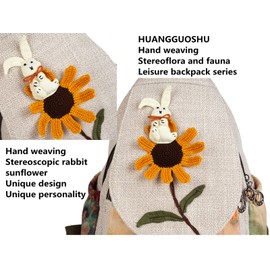 HUANGGUOSHU Boho and Hippie Small Canvas Backpack Purse for Women - Convertible Sling Bag, Embroidered and Woven Tapestry Patterns White Rabbit Sunflower