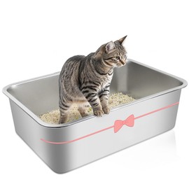 PWTAA Stainless Steel Cat Litter Box, High Side Cats Toilet Metal Litter Box, Pet Cleaning Tool for Cats, Rabbits, Splash-Proof and Non-Stick Cat Poop Box odorless, Pink Bow 23.6" x 15.7" x 5.9"