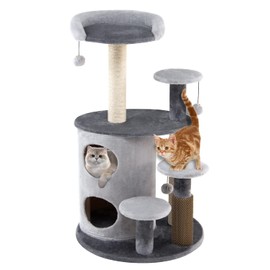 HAPPAWS Cat Tree, 40 Inch Multi-Level Cat Tower for Indoor Cats, Kittens Condo with Sisal Scratching Post, Cat Toys, Widened Fluffy Perch, Cat Brush Self Groomer and 2 Cat Caves for Large&Senior Cats
