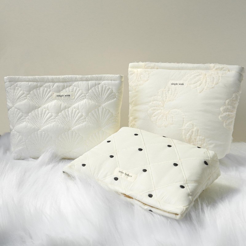 Sminra White Makeup Bag Small Nylon Cotton Quilted Cosmetic Makeup