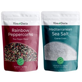 Viva Doria Rainbow Peppercorn Blend (Steam Sterilized Whole Black, White, Green and Pink Peppercorn) 12 oz and Mediterranean Sea Salt, Coarse Grain, 2 lb For Grinder Refills