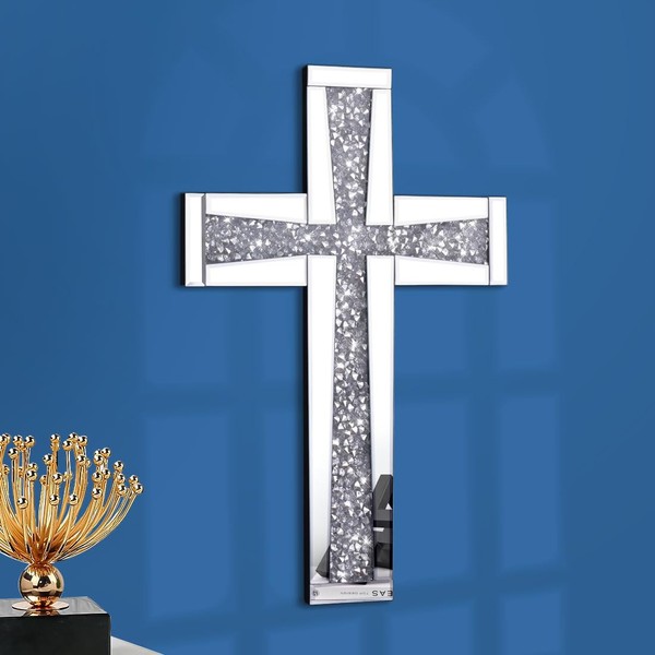 Aeveco Silver Mirrored Wall Cross 20×13 inch, Crystal Crush Diamond Cross for Wall, Living Room, Bedroom, Home Decor