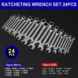 Qnkaa 24pcs Ratcheting Wrench Set with Rollup Pouches Metric (8mm to 19mm) & SAE (1/4" to 7/8") Combination Wrenches Master Kit Perfect for Home, Bike, Car Repairs