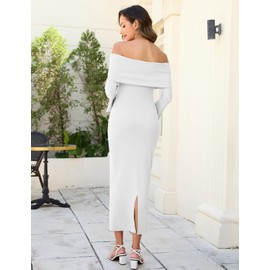 AISWI Off The Shoulder Maternity Dress Bell Sleeves Ruched Bodycon Maxi Elegant Pregnancy Dresses Baby Shower Photoshoot, White, Large