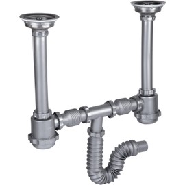 Urrea 3735G Céspol Flexible Doble con Bote Grande y Contracanasta, Trampa para Fregadero Doble, Desagüe para Cocina, Plástico