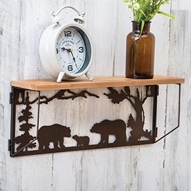 BLACK FOREST DECOR Bear Family Metal Art & Wood Shelf