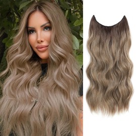 GOWIT Brown Grey Hair Extensions Invisible Wire Hair Extension with Removalbe Transparent Headband 4 Secure Clips in Curly Hair Extensions Synthetic Hairpiece for Women 16 Inch