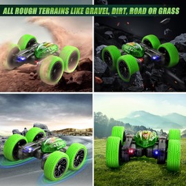 whiriwhiri 2024 Upgraded RC Stunt Cars Remote Control LED Headlights 360-Degree Spin Double-Sided Driving 2.4 GHZ Rechargeable Toy Vehicle Gift Kids Boys Girls Age 6-12+ Green