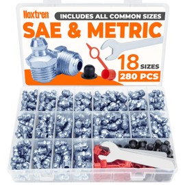 Noxtren 280PCS Grease Fittings Assortment, SAE & Metric Grease Zerk Fittings 18 Standard Sizes, Straight 45 90 Degree with Caps and Wrench Kit(7-11mm) for Grease Gun