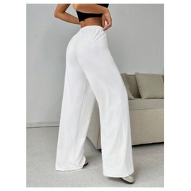 RoseSeek Women's Drawstring Waist Straight Streetwear Long Wide Leg Sweatpants Casual Loose Baggy Workout Long Summer Pants White Medium