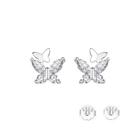 Double Butterfly Crystal Stud Earrings, Sterling Silver S999, 8mm