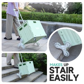 Foldable Rolling Crate for Stair Climbing : Utility Cart for Grocery File Office Book (Light Green)