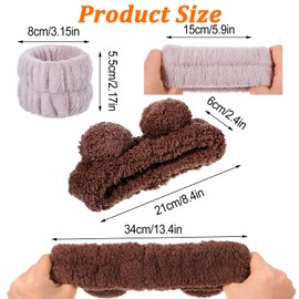 GEEHUA Spa Bear Ear Headbands and Wristbands Set, Fuzzy Face Wash Headband Cute Makeup Skincare Headbands Wristbands for Face Washing Elastic Soft Fluffy Headband for Women(Brown)