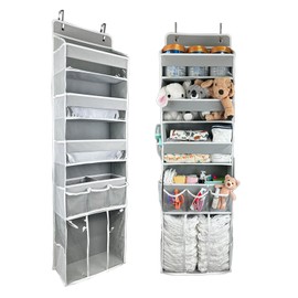 EZVERY Door Hanging Storage Organizer,with 3 Bins 1 Movable Baby Diaper Caddy,1 Large capacity diaper stacking storage Organizer,10 Side Pockets ,Bedroom Door Storage for Nursery Baby Essentials.Grey 1 Pack.