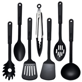 Anseom Kitchen Utensil Set, 7-Piece Nylon Kitchen Utensils Set, Dishwasher Safe Cooking Cutlery Set, Heat Resistant Cookware, Non-Stick Cooking Set, Kitchen Utensils, Kitchen Accessories, Black